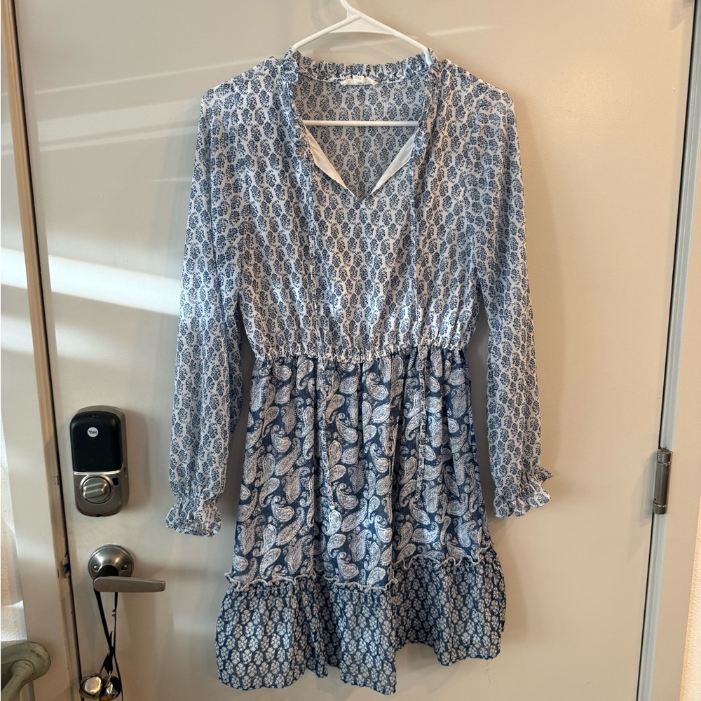 Blue Patterned Long Sleeved Dress